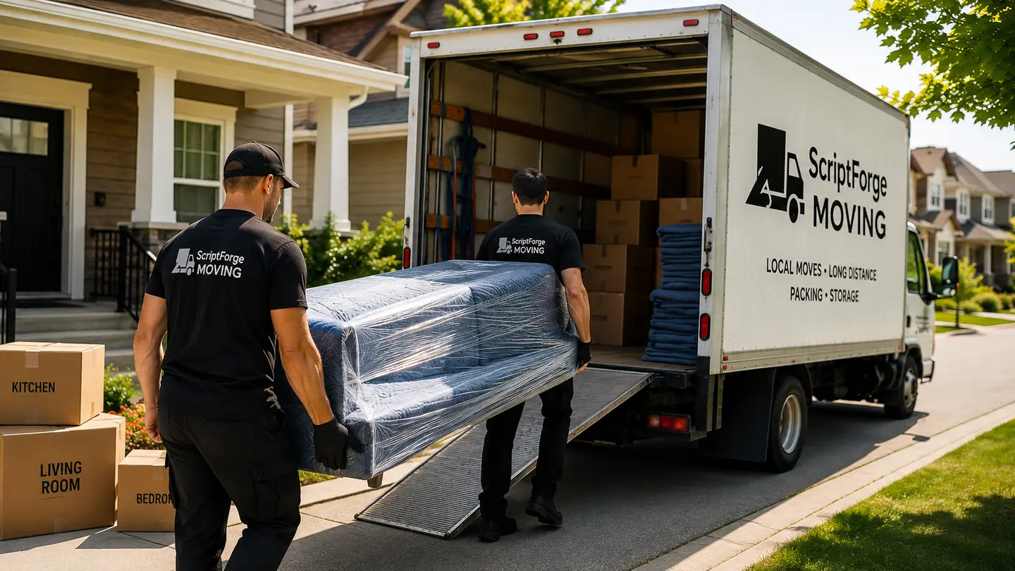 Professional movers loading wrapped furniture into a moving truck