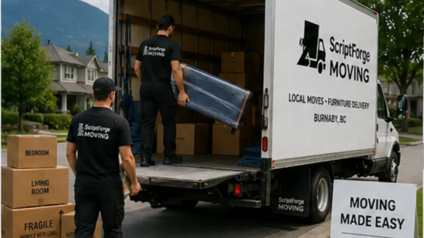 ScriptForge Moving truck in Burnaby BC with urban highrise skyline — serving Metrotown, Brentwood, Lougheed, Edmonds and SFU