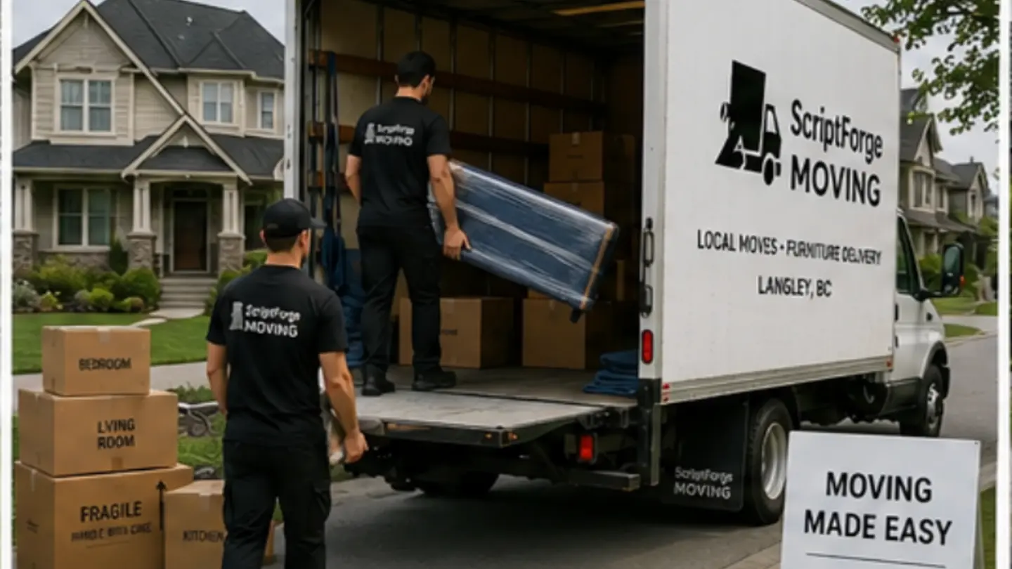 ScriptForge Moving truck in Langley BC pastoral landscape — serving Langley City, Willowbrook, Walnut Grove, Aldergrove, Brookswood and Murrayville