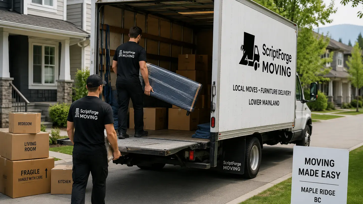 Professional ScriptForge movers loading wrapped furniture into a moving truck in British Columbia