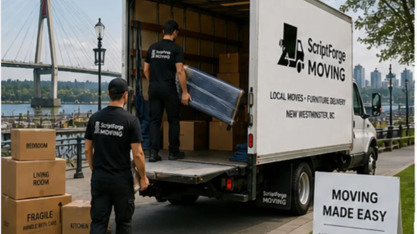 ScriptForge Moving truck in New Westminster BC with Pattullo Bridge, Fraser River and SkyTrain Expo Line — local movers serving Columbia Street and the Royal City