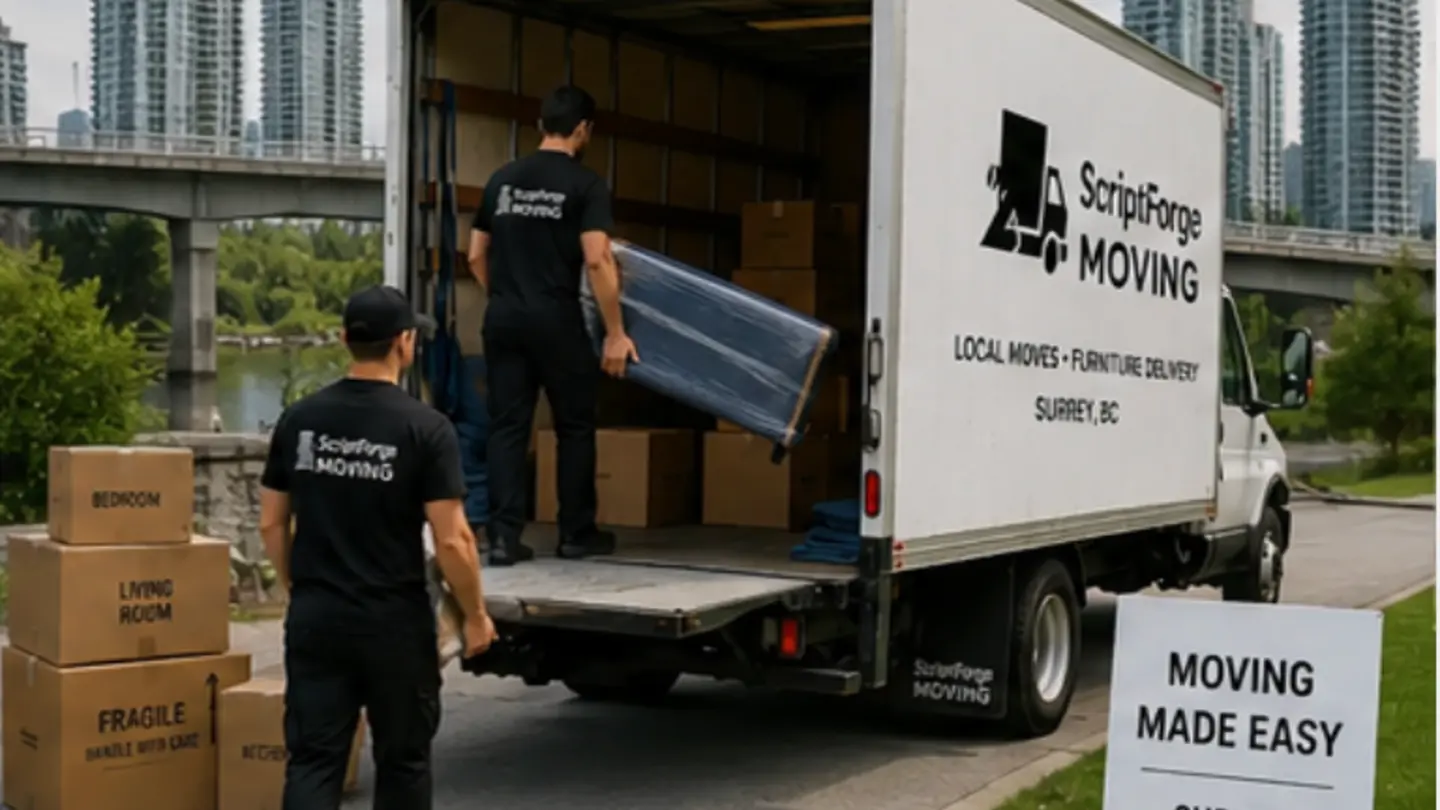 ScriptForge Moving truck in Surrey BC with suburban neighbourhood — serving Newton, Whalley, Guildford, Fleetwood, Cloverdale and South Surrey