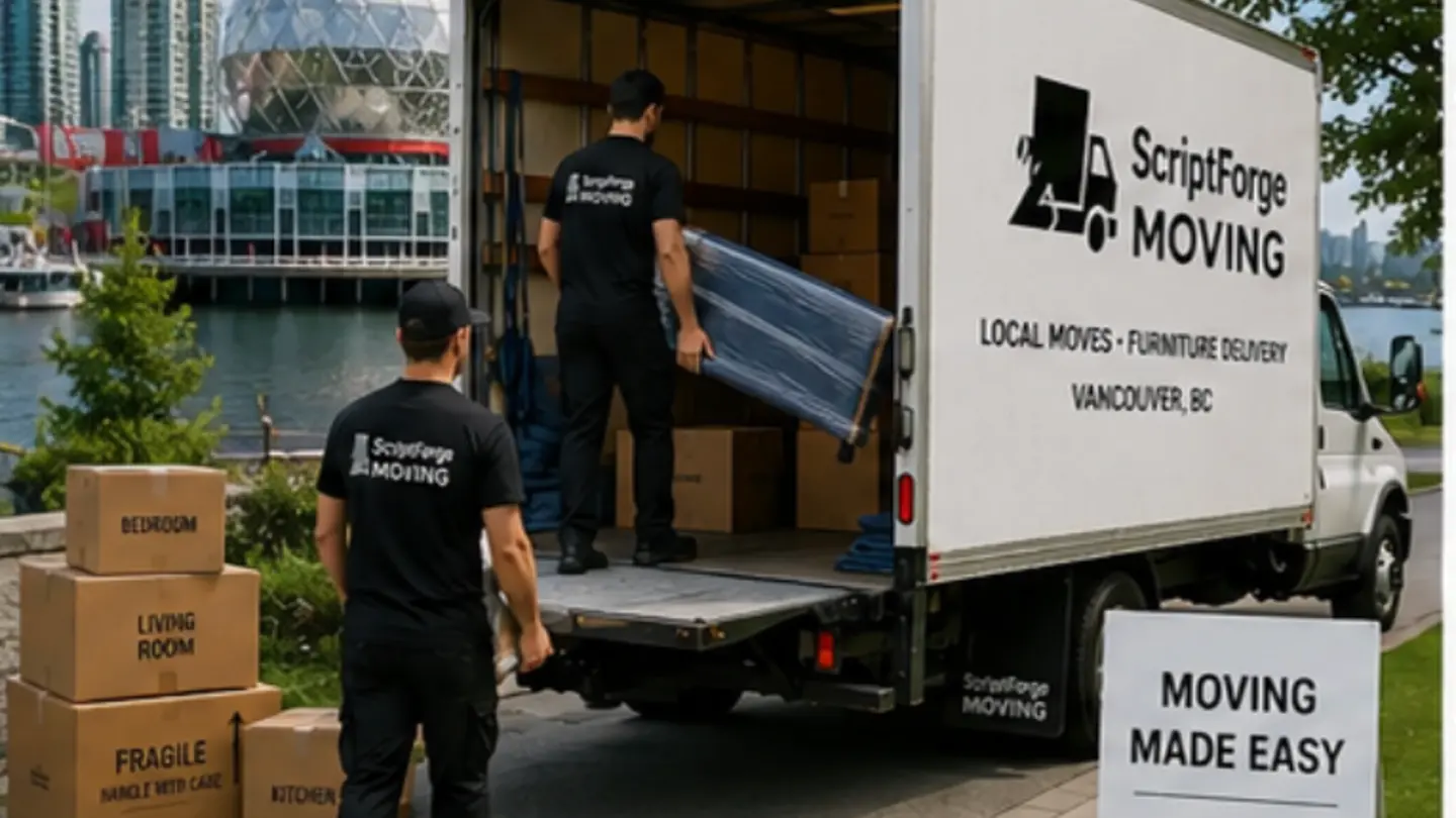 ScriptForge Moving truck in Vancouver BC with North Shore mountains and downtown skyline — serving East Van, Kitsilano, Mount Pleasant, West End and Commercial Drive